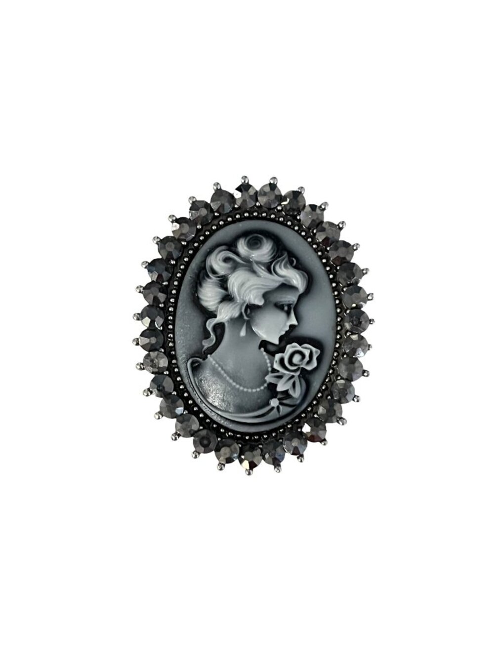 Vintage Cameo Brooch Black Gray Lady Portrait Pin Rhinestone Frame 2”